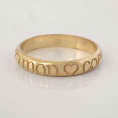 Poesie, Poesy or Posey Rings were 15-17th century Lover's rings popular in England and France. Often embellished with words and phrases of love and lifetime commitment. This modern-day Poesy ring is inscribed with the word 'mon coeur' - meaning 'my heart'. The text also adopts an infinity symbol between the letters o and e to symbolize lifetime commitment and loyalty to the one you love.  CUSTOMIZATION * This band is fully customizable with any text you would like on the inside, at no extra cost Phrases Of Love, Posey Rings, Poesy Ring, Posey Ring, Victorian Style Rings, Ring Elegant, Words And Phrases, Photo Packages, Antique Wedding