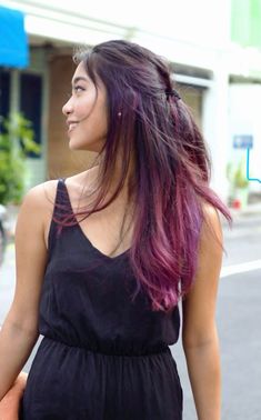 Hair Colour Purple Highlights, Hair Colour Burgundy Highlights, Asian Hair Dye Ideas Colour, Hair Colour For Black Hair, Hair Colour Ideas For Black Hair, Girls Hair Color Ideas, Purple Highlights Black Hair, Highlight Hair Color Ideas, Long Hair Colour