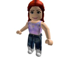 a lego girl with red hair and blue jeans is standing in front of a white background