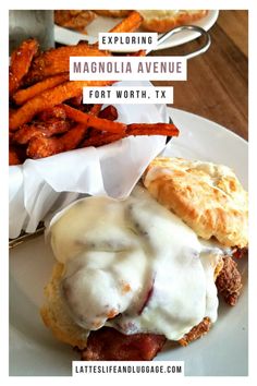 a white plate topped with an english muffin covered in melted cheese next to sweet potato fries