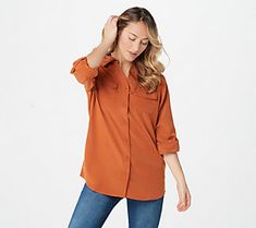 Borrowed from the boys, but cut just for women, this tunic shirt has roll-tab sleeves and feminine front pockets. Wear it with or without a blazer, and add a statement necklace for a wow look. From Denim & Co.(R) Fashions. Soft Utility, Tunic Style Tops, Pale Turquoise, Big Shirt, Tunic Styles, Tunic Shirt, The Boys, Top Pattern, The Borrowers