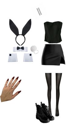 a woman's black outfit and accessories are arranged in the shape of bunny ears