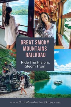 the great smoky mountains railroad ride is featured in this postcard with photos of people and trains