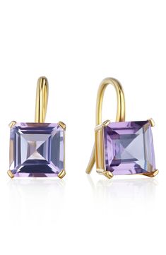 Sparkling square-cut amethyst bring a pretty pop of color to stunning drop earrings crafted from 14-karat gold-plated sterling silver. Recycled sterling silver/14k-gold plate/amethyst   Imported Purple Square Cut Jewelry For Gifts, Elegant Purple Square-cut Jewelry, Elegant Purple Square Cut Jewelry, Earrings In Gold, Earring Crafts, Square Cut, Recycled Sterling Silver, Amethyst Gemstone, Gold Plated Sterling Silver