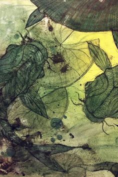 an abstract painting with green and yellow leaves on the bottom half of it, as well as black ink