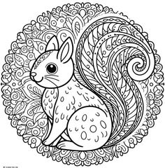 a squirrel sitting in the middle of a swirly circle with an intricate design on it