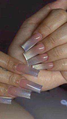 Clear Acrylic Nails With French Tip, Acrylic Nails Cateye, Shimmer French Tip Nails, Square Cat Eye Nails, Cat Eye Acrylic Nails, Dope Nail Designs, Long Acrylic Nails Coffin, Unique Acrylic Nails, Long Square Acrylic Nails