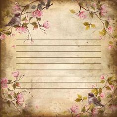 a piece of paper with birds and flowers on the edges, in front of an old parchment background