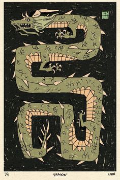 an illustration of a green snake on black paper