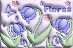 there are blue flowers and butterflies on this glass tile wall art piece that says floress