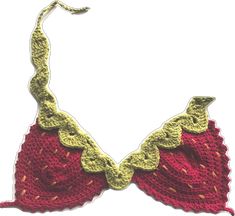 a crocheted red and yellow bralet on a white background with an embroidered design