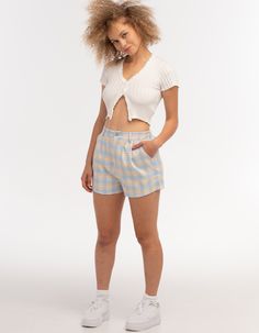 Full Tilt Plaid Shorts. Button Front Waist Featuring An Elastic Insert At Back. Zipper Fly. Hard Pleat Details. Front Slant Pockets. Approx. Inseam: 2.5". 65% Polyester 30% Rayon 5% Spandex. Hand Wash. Imported. Model Is Wearing A Size Small. Model Measurements:height: 5'6" Bust: 32"waist: 24"hips: 36" Summer Cotton Button-up Pants, Fitted Bottoms With Button Closure And Short Inseam, Cotton Button-up Bottoms For Day Out, Fitted Button-up Casual Shorts, Button Closure Shorts For Day Out, Spring Shorts With Button Closure And Short Inseam, Summer Bottoms With Button Closure And Short Inseam, Cotton Button-up Shorts For Day Out, Summer Button-up Bottoms For Day Out