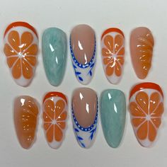 fruit nails!! 🍊💙 this set came out so cute and im getting way better at doing the orange design!! original design on the last slide!! 🫶🫶 #nails #nailsnailsnails #nailsart #nailaddict #naildesigns #nailartist #pressons #pressonnails #gelnails #3dnails #explorepage Orange Nail Set, Orange Slice Nails, Orange Fruit Nails, Citrus Nails, Fruit Nails, Nails Orange, Orange Nail, Art Deco Nails, Baddie Nails