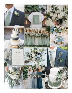 a collage of photos with green and white wedding colors