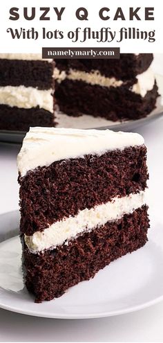 a slice of chocolate cake with white frosting on a plate