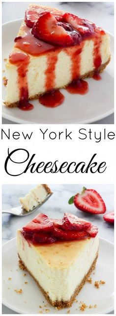 new york style cheesecake with strawberries on top and the words, new york style cheesecake