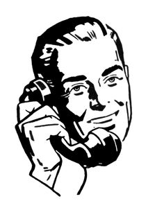 a black and white drawing of a man talking on the phone with his hand to his ear