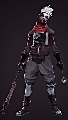 the character is dressed in black and white, with red scarfs on his head