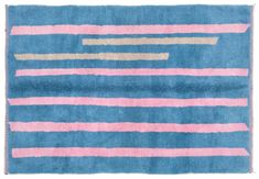 a blue rug with pink and gold stripes on the bottom, against a white background