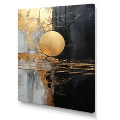 an abstract painting with gold and black colors on the canvas, it looks like something out of