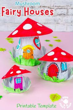 three paper mushroom houses on top of each other