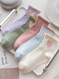 5pairs Women's Anti-Pilling Double Yarn Antibacterial Ankle Socks With Heart & Lace Design, Suitable For Daily Wear Multicolor    Fabric     Women Socks & Hosiery, size features are:Bust: ,Length: ,Sleeve Length: Coqquete Socks, Coquette Heart Socks, Cute Socks Aesthetic, Socks Photography, Socks Aesthetic, Preppy Decor, Comfy Socks, Ankle Socks Women, Dress Design Sketches