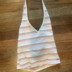 Hollister Halter Striped Tank Top With Built In Bra Striped Halter Neck Top For Summer, White Triangle Top Tank For Summer, Casual Triangle Top Tank For Day Out, Striped Summer Tank Top For Beach, Striped Summer Tank Top For The Beach, Summer Striped Tank Top For Beach, Summer Striped Tank Top For The Beach, Striped Summer Halter Top For Beach Season, Summer Striped Halter Top For Beach Season