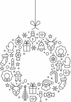 a black and white drawing of a christmas wreath with presents, gifts and other items