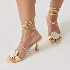 New In Box! Size: 7 Light Yellow Weddings, Flower Heels, Heels Aesthetic, Yellow Heels, Yellow Wedding, Wedding Heels, For Love & Lemons, Pastel Yellow, Love And Lemons