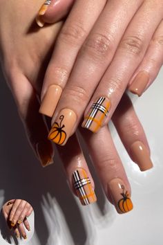 Cute Pumpkin Acrylic Nails, Poly Gel Nails Design Fall, Autumn Nails With Pumpkins, Fall Nail Designs Autumn French Tip, Fall Plaid And Pumpkin Nails, Square Pumpkin Nails, Simplistic Nail Ideas, Fall Nails Apples, Cute Fall Nail Designs Acrylics