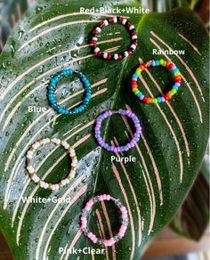 four bracelets on a green leaf in the rain