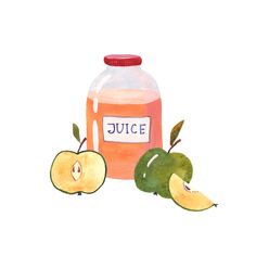 a bottle of juice next to two apples