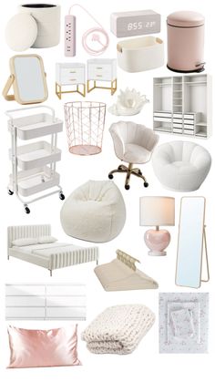 a collage of white furniture and accessories