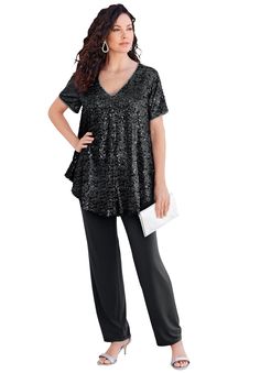 Comfort meets glam in this dressed-up look. A swing-silhoutte tunic with plenty of sparkle tops flowy, chiffon trousers with a slim fit and elastic waist. This is our favorite way to wear pants for the evening. Top: 32" tunic length; pant: 28" inseamPoly/spandexTop: Hand wash; pant: machine washImported  | Plus Size Women's Sequin Tunic & Pant Set by Roaman's in Black (Size 30 W) Sparkle Tops, Chiffon Trousers, Navy Clothing, Clothing Wardrobe, Plus Size Sequin, Sequin Tunic, Dress Pant Suit, Groom Dresses, Spandex Top