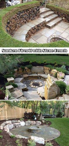 an outdoor fire pit surrounded by grass and rocks in the middle of two pictures, one is