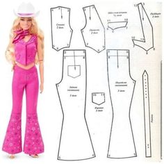 a barbie doll is wearing pink pants and a cowboy hat, with the measurements for her outfit