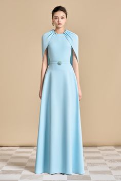 Elegant Light Blue Evening Dress For Banquet, Elegant Cape Sleeve Maxi Dress For Wedding, Elegant Maxi Dress With Cape Sleeves For Wedding, Elegant Evening Maxi Dress With Flutter Sleeves, Elegant Cape Dress For Banquet, Elegant Cape Sleeves Maxi Dress For Banquet, Elegant Maxi Dress With Cape Sleeves For Banquet, Elegant Blue Evening Dress With Cape Sleeves, Elegant Blue Maxi Dress With Cape Sleeves