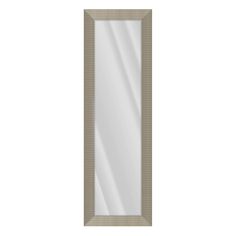 a mirror that is on the wall in front of a white background and brown trim