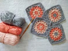 three crocheted grannys are sitting next to each other