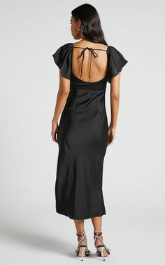 Emberlynn Midi Dress - Flutter Sleeve Cut Out Satin Dress in Black Elegant Midi Length Satin Dress With Tie Back, Elegant Satin Midi Dress With Tie Back, Satin Midi Dress With Tie Back, Elegant Satin Midi Dress With Ruched Back, Tie Back Midi Length Slip Dress For Evening, Evening Satin Midi Dress With Tie Back, Satin Midi Dress With Ruched Back For Date Night, Midi Length Slip Dress With Ruched Back For Party, Satin Midi Dress With Ruched Back