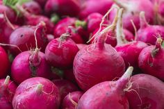 red radishes are piled on top of each other