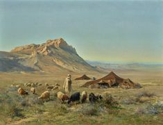 a painting of a man standing in the middle of a field surrounded by animals and mountains