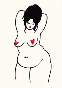 a drawing of a woman with red heart shapes on her stomach and chest, in black and white