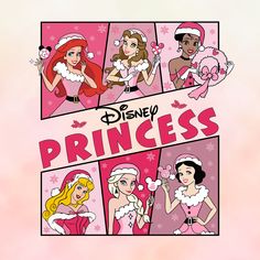 the disney princesses are all dressed up in their pink outfits and tiaras for christmas