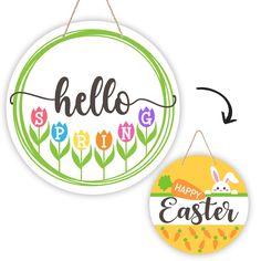 a sign that says hello spring and happy easter hanging from a rope with an image of flowers on it