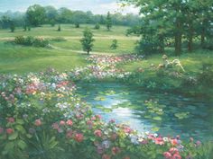 a painting of a pond with flowers and trees in the background