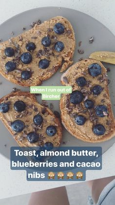 toast, almond butter, blueberries and cacoa on a plate with bananas