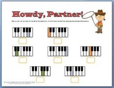 a printable worksheet for howdy, partner with piano keys and an image of a cowboy riding a horse