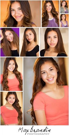 a collage of many different images of a woman with long hair and brown eyes