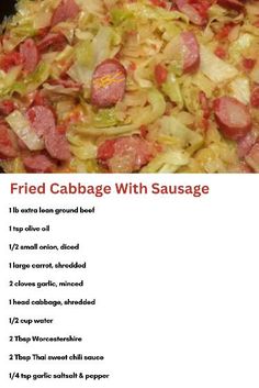 the recipe for fried cabbage with sausage is shown in red and white letters, along with instructions on how to cook it